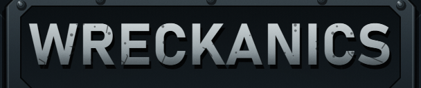 WRECKANICS nameplate: chipped steel letters on a riveted machine plate