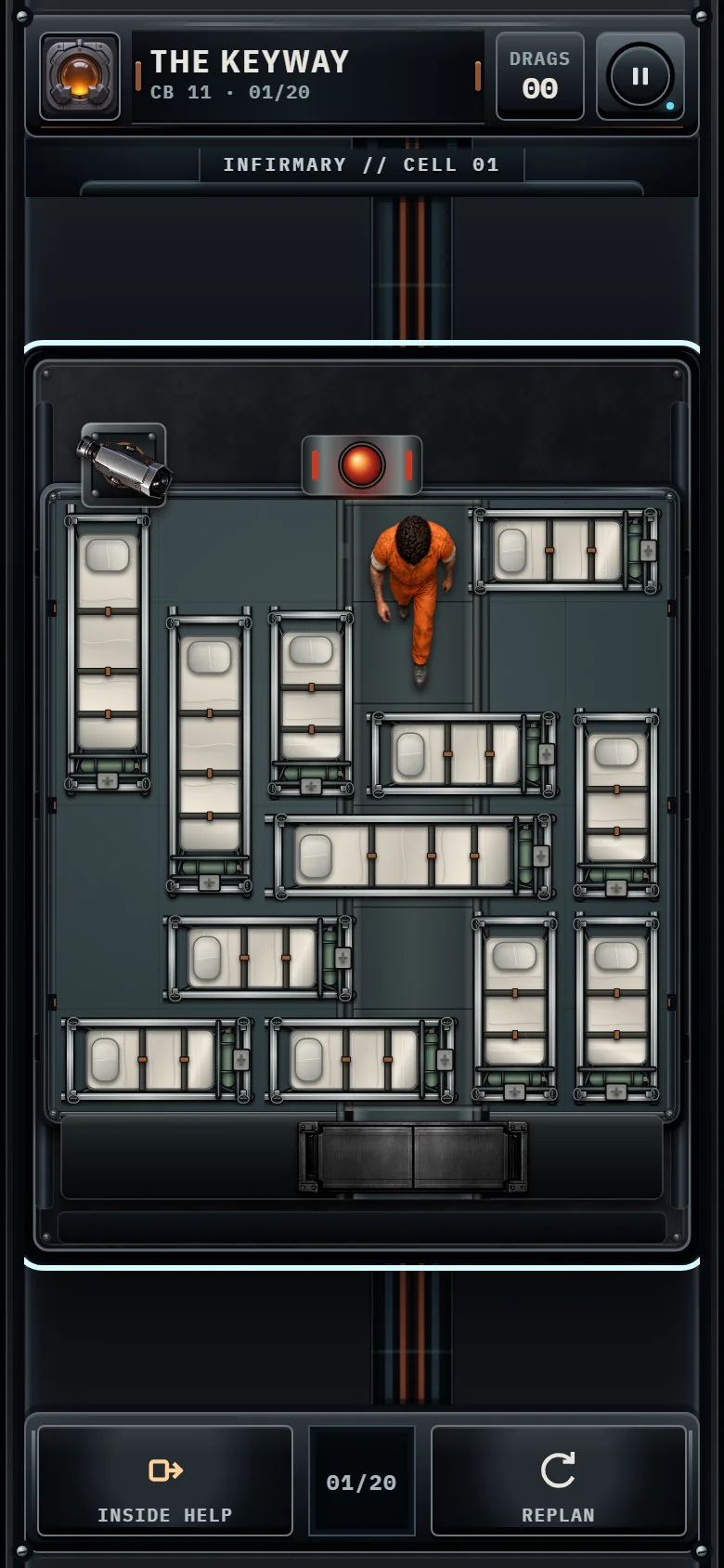 The Keyway Infirmary Cellblock with padded supply frames, a top down prisoner, and an exit door